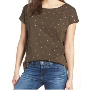 Boden Natalie Metallic Gold Star Top Womens M Olive‎ Green Whimsical Casual Chic